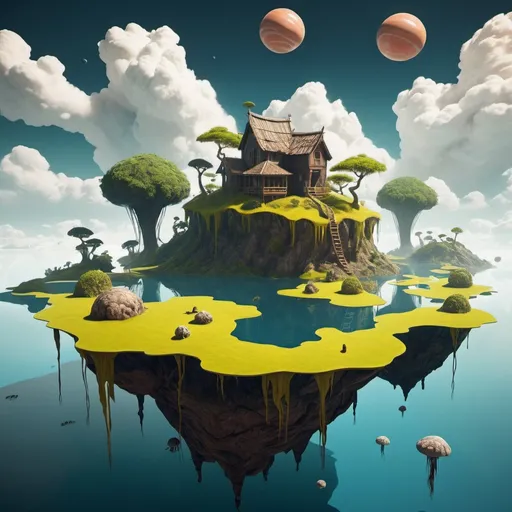Prompt: Show an otherworldly landscape with floating islands and strange creatures