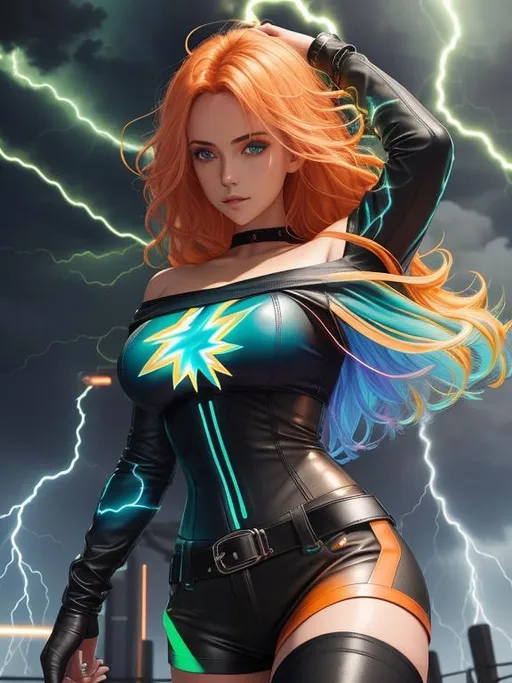 Prompt: girl, intricate off-shoulder blouse and tight leather shorts, black tights, ombre green-blue-orange hair, body emitting greenish-blue lightning, body surrounded by greenish-blue lightning, greenish-blue lightning discharge_, unique thunder storm, greenish-blue lightning electricity, long hair, busty, pale skin, by makoto shinkai, stanley artgerm lau, wlop, rossdraws, concept art, digital painting,