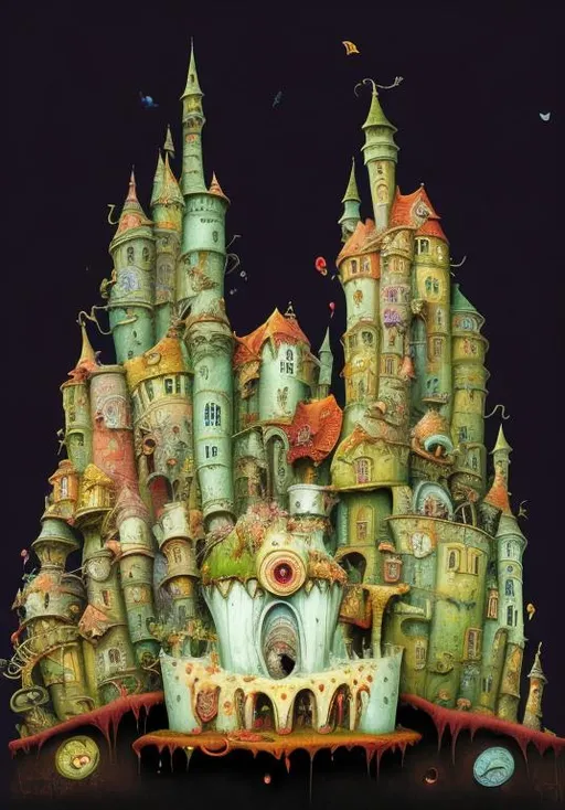 Prompt: A whimsical patchwork of a funny crooked sparkling castle. By Dr Seuss, Tim Burton, Jacek yerka, Catherine Abel, Megan Duncanson,  Joe Fenton. Very detailed, intricate. High quality