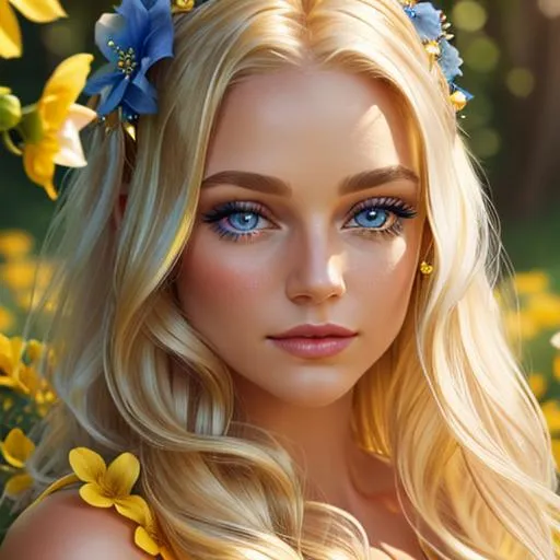 Prompt: Pixie dust princess, long blonde hair, sapphire eyes, yellow flowers in her hair,  facial closeup