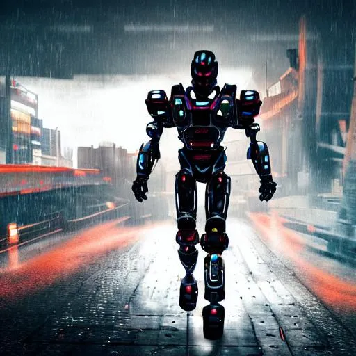 Prompt: black cyberpunk warrior robot walking through an active war zone