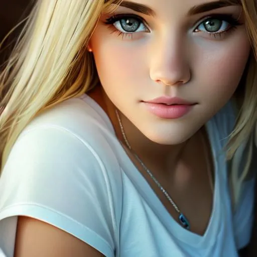 Prompt: Teenaged girl with very light blonde hair and big hazel eye closeup