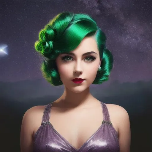 Prompt: 1930s young lady, updo, green glowing hair in the dark, thin lips, cute round face, night shot, sky full of stars, studio photo, ultra high definition, 8k
