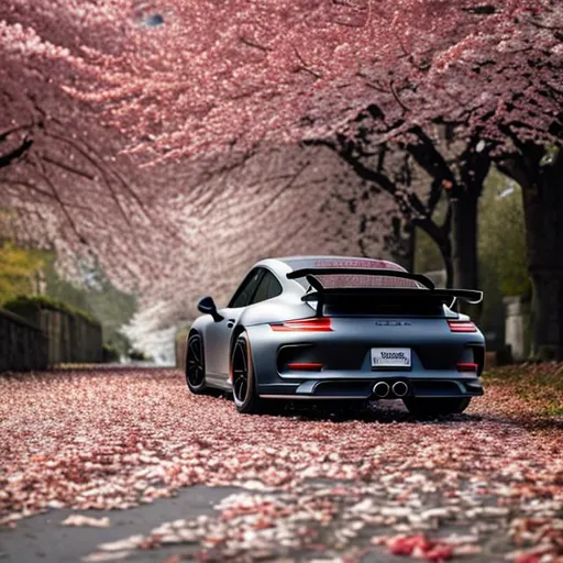 Prompt: a detailed photo of a matte black Porsche 911 gt3 under some cherry trees, on an old stone road, pink leaves on ground.
