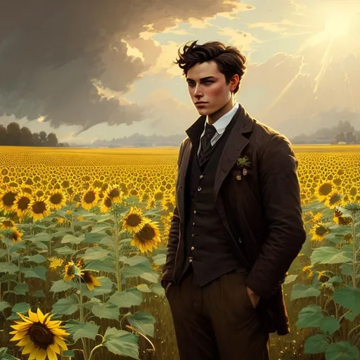 Prompt: Splash art portrait of ruggedly handsome, androgynous, dark brown haired man with short hair, 30 years old, in a sunflower field, victorian light clothes, elegant, highly detailed, intricate, smooth, sharp focus, artstation, digital painting, concept art, art by greg rutkowski, alphonse mucha and John William Waterhouse, light, romantic, happy, soft, gentle, golden, warm, summer