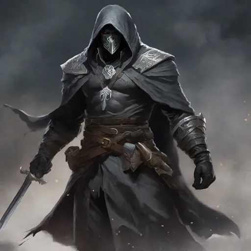 Prompt: Tall, Intimidating, Large, male, Solomon grundy built, black hair,  very dark grey scarred skin, covered in bandages, dark tattered cloth of a cleric of kelemvor that exposes his midriff,  mask with hood that covers his face, large gem inside chest,  Dungeons and Dragons 5th Edition, Path of the Zealot Barbarian, 20 Strength, 18 Constitution, using a very large two handed greataxe.