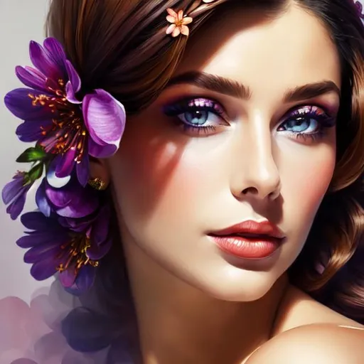 Prompt: Beautiful brunette woman with makeup portrait Flowers in hair, facial closeup