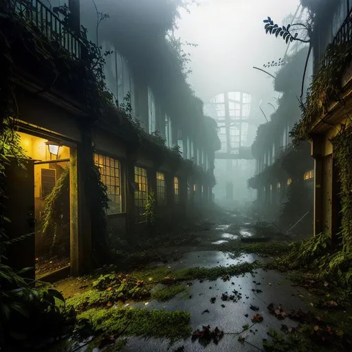 Prompt: overgrown laboratory with knight guards, at night, very dark, in post apocalyptic overgrown makeshift worn city wasteland amidst trees and plants,  leaves overgrowing buildings, debris, decay,  vines and roots, dark, rainy, fog, urban wasteland, apocalyptic, gloom, forest in background,