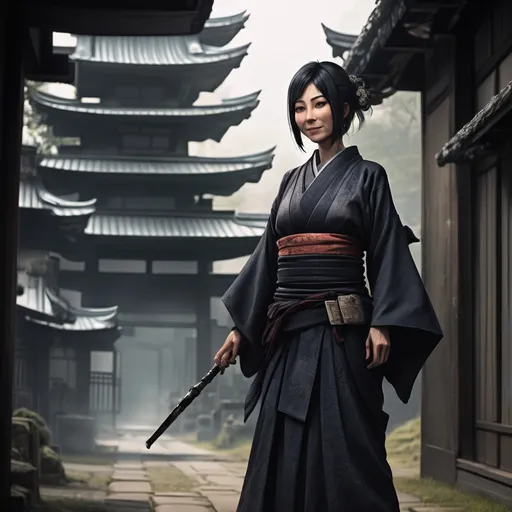 Prompt: Full body, mid aged japanese woman, fourtysix years old, wearing dark outworn japanese garment, skinny, uncanny smile, RPG-fantasy, intense, detailed, game-rpg style, fantasy, detailed character design, eerie atmosphere, old temple