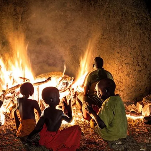 Prompt: African family at fire place at night
