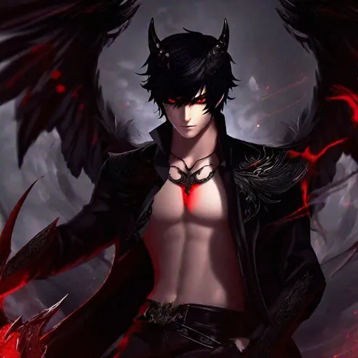 Prompt: Damien (male, short black hair, red eyes) a sadistic look on his face, demon form, black wings, horns