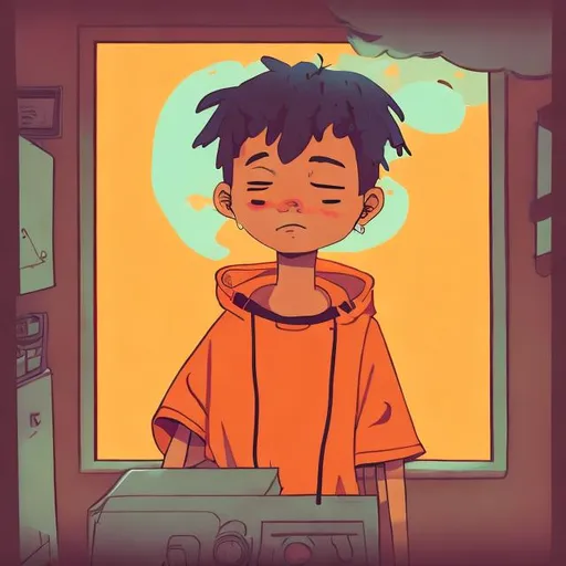 Prompt: Album cover of sad boy child in room cartoon lofi style color orange