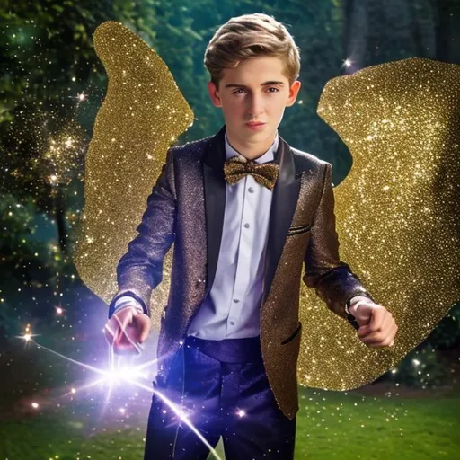 Prompt: Gold sparkly magic spell flying out of a 13 year old boy in a tuxedos magic wand at a 13 year old boy in a polo in the park