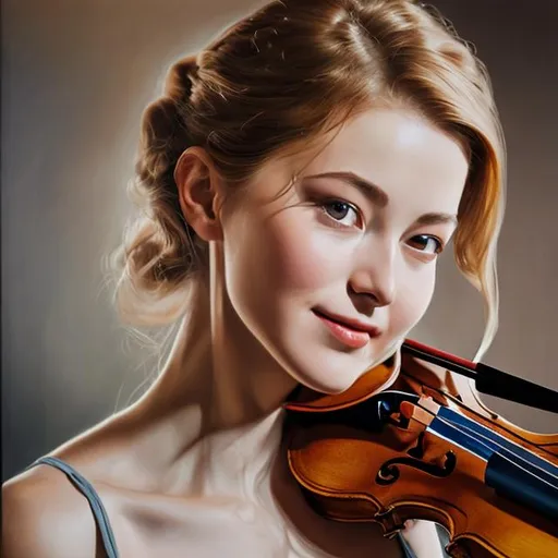 Prompt: Portrait of elegant woman with beautiful face, playing violin in orchestra, hyperrealism