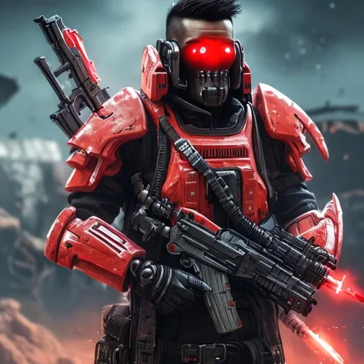 Prompt: Guerrilla fighter wearing red futuristic damaged armor and with futuristic rifle over his shoulder. 8k, hyperrealistic, sharp, futuristic, bright, space.