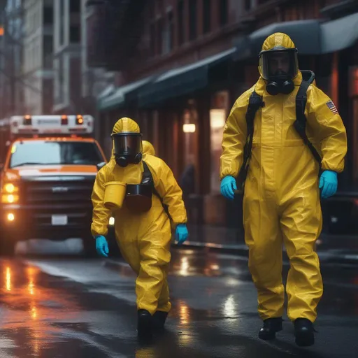 Prompt:  Severel hazmat suits in New York, Riots in streets, Hyperrealistic, sharp focus, Professional, UHD, HDR, 8K, Render, electronic, dramatic, vivid, pressure, stress, nervous vibe, loud, tension, traumatic, dark, cataclysmic, violent, fighting, Epic