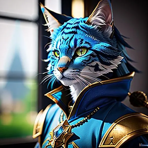 Prompt: Tabaxi from fantasy game, Heroic fantasy art. Blue Fur, Regal outfit, Blue Hair, perfect composition, hyper realistic, super detailed, 8k, 64k, high quality, sharp focus, muted lighting, studio photo, intricate details, highly detailed, vibrant, production cinematic character render, ultra high quality model, artstation, hd, octane render, professional photo
