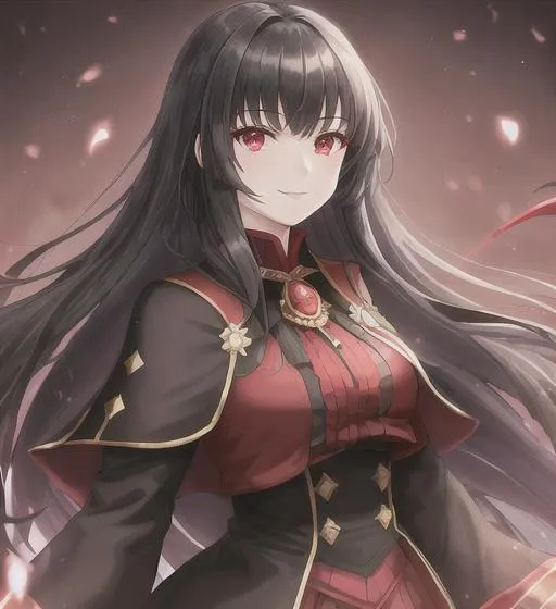 Prompt: a beautiful girl, black hair and red eyes, wearing the clothes of a nobleman's bundle of 1850, superpowers, aura, mysterious smile, dark background with many black shadows, black background dark and monstrous darkness.
