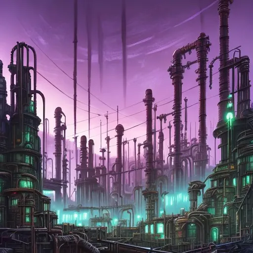 Prompt:  fantasy art style, painting, brutalist architecture, brutalism, brutalist building, pipes, industrialisation, industry, power plants, nuclear fusion, concrete, metropolis, giant, crowded, dense city, overpopulated, crowds, neon lights, green neon lights, purple neon lights, pollution, gas emissions, smog, fog