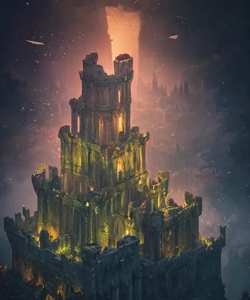 Prompt: a destroyed castle with debris floating in the air, night time, foreboding ruins, ancient ruins, muted colors, Victorian, Masterpiece,  photo quality,  cinematic light, ((depth of field)), fractal isometrics details bioluminescence, analogous colors, Luminous Studio graphics engine, trending on artstation Isometric Centered hyperrealist cover photo awesome full color, gritty, glowing shadows, high quality, high detail, high definition, dark fantasy