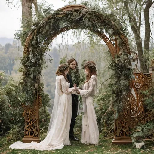 Prompt: a brilliantly detailed art nouveau style wedding arch with windows including forest floral and ethereal elements