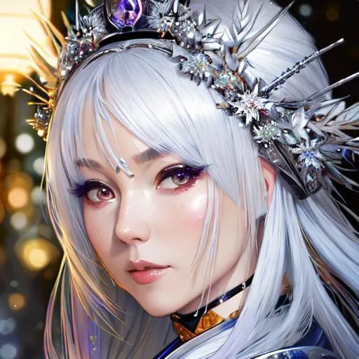 Prompt: Woman with platinum hair, in a dress of kimono, a beautiful crown on her head, detailed face, detailed skin, front, background frozen forest, cover, unzoom, choker, hyperdetailed painting, luminism, Bar lighting, complex, 4k resolution concept art portrait by Greg Rutkowski, Artgerm, WLOP, Alphonse Mucha, little fusion pojatti realistic goth, fractal isometrics details bioluminescens : a stunning realistic photograph 30 years