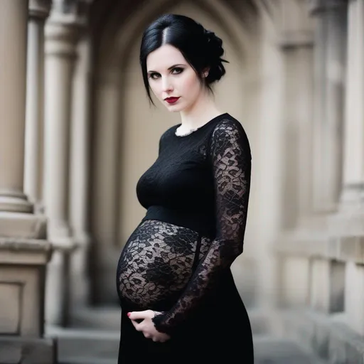 Prompt: pregnant woman, well endowed, bare midriff, goth, black lace, pale skin, photography,