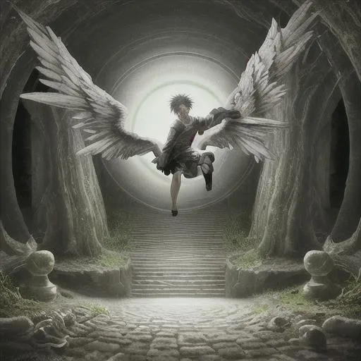 Prompt: A fallen angel steps with his feet trough a portal to another world.  Photorealistic. Hyperrealistic