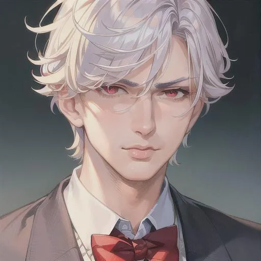 Prompt: (masterpiece, illustration, best quality:1.2), handsome boy, close up, short hair, white hair, red eyes, wearing school outfit, disgusted expression, best quality face, best quality, best quality skin, best quality eyes, best quality lips, ultra-detailed eyes, ultra-detailed hair, ultra-detailed, illustration, colorful, soft glow, 1 boy