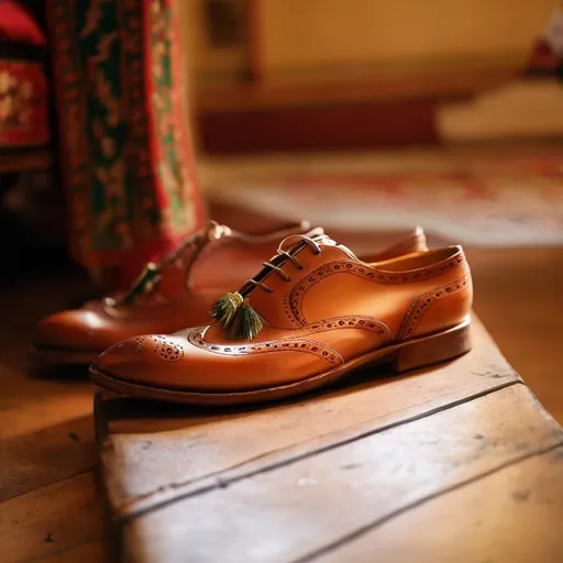 Prompt: traditional shoes sitting on a table