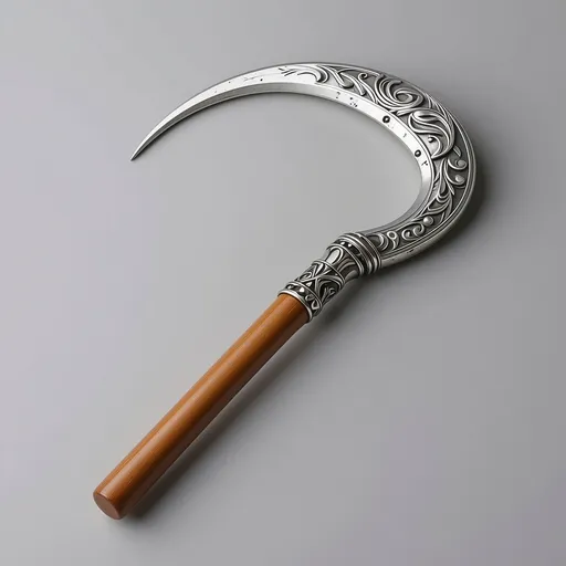 Prompt: An ornate yet simple silver sickle with a wooden handle