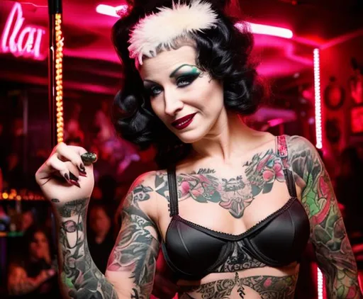 Prompt: Tattooed burlesque dancer in a strip club