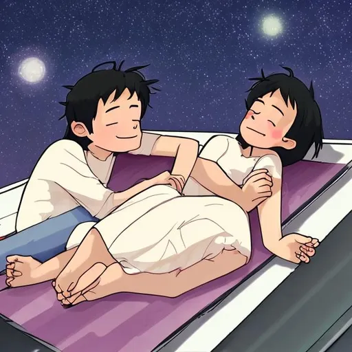 Prompt: Paring laying on the roof, hugging each other, at night watching the stars
