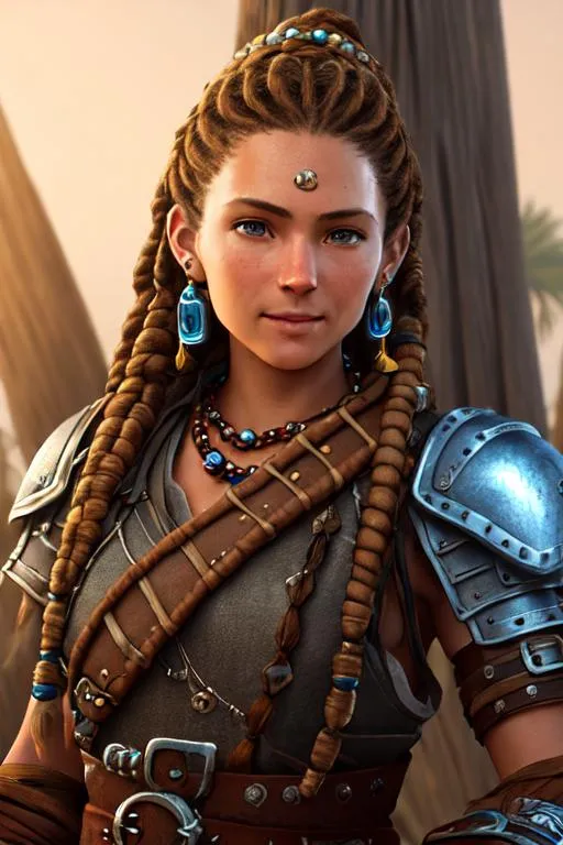 Prompt: Digital Art, 20-year-old pirate woman, brown gear, silver armor, brunette hair, dreadlocks, subtle smile, beads hair, small red earrings, multiple braids, straight hair, blue eyes, bracelets, rings on fingers, mercenary gear, unreal engine 8k octane, 3d lighting, full body, full armor