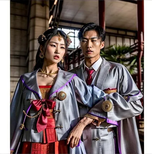 Prompt: A captivating image emerges: An Asian couple is donning a unique fusion of Eastern and Western attire. They are wearing long neckties that add a touch of formality, while overcoat robes makes their outfits look similar to business suits. They radiate strength, resembling terra cotta warriors wearing neckties. The scene is set amidst the backdrop of a warehouse and/or hangar, evoking a realistic and picturesque landscape. The outfits mix Hanfu with neckties and other fashion styles. The photograph captures the essence of this intriguing blend, inviting viewers to delve deeper into the fusion of cultures.