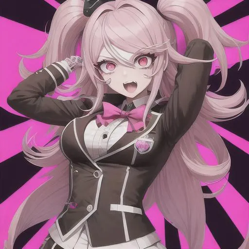 Prompt:  Danganronpa mastermind girl that looks cute, and is psychotic and mean and insane, long pink hair, with gyaru like clothing on