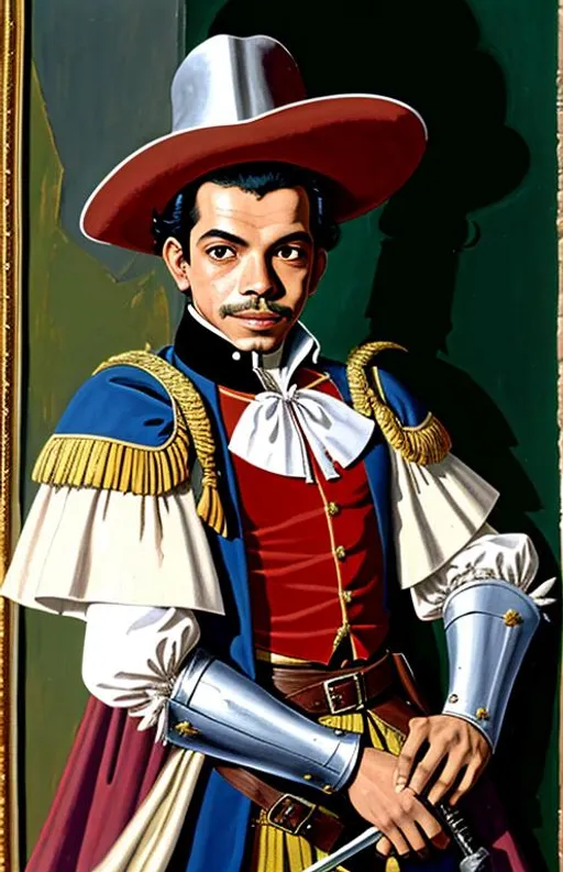 Prompt: Painting of Cantinflas as a musketeer wearing a brigandine at Chapultepec Castle, by Francis Bacon