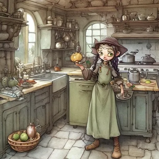 Prompt: pretty goblin girl, long green hair, wearing a grey dress, inside a kitchen and cooking, style of Anton Pieck