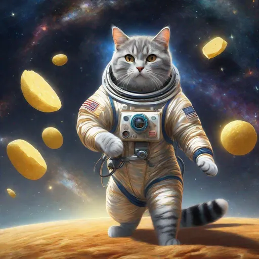 Prompt: concept art of Ricky a gray cat in a space suit with Floating through empty space chasing butter. Exquisite Detail Everything is perfectly to scale, HD, UHD, 8k Resolution, Vibrant Colorful Award winning Image in the style of of 15th century Japanese art. 