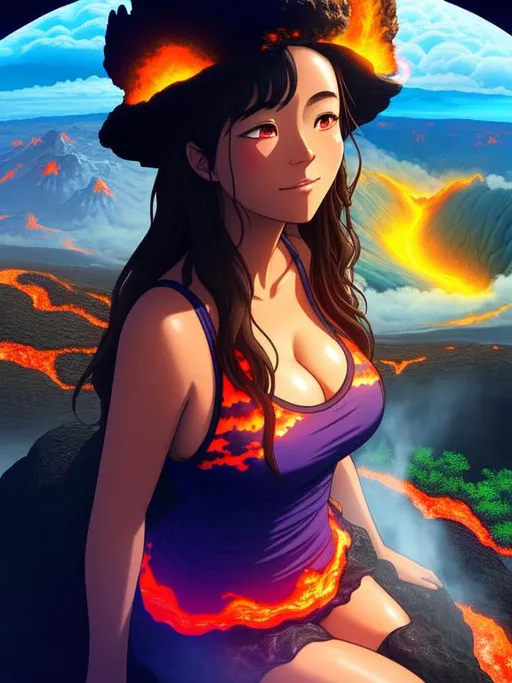 Prompt: Full body, Create a surreal digital art piece of a giantess relaxing in a volcanic crater, surrounded by clouds. She is taking a bath in the molten lava, and the lava is glowing a warm orange color. The landscape around her is highly detailed, with jagged rocks and smoking vents. The giantess has an otherworldly appearance with glowing eyes and a serene expression. The overall tone of the piece is surreal and ethereal, with a focus on the contrast between the relaxing scene and the dangerous volcanic environment. The artwork should be highly detailed and created using digital painting software such as Photoshop or Procreate, with a resolution of at least 3000x3000 pixels