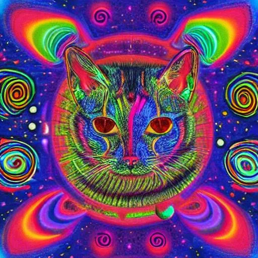 Prompt: a psychedelic cat tripping on lsd surrounded by planets
