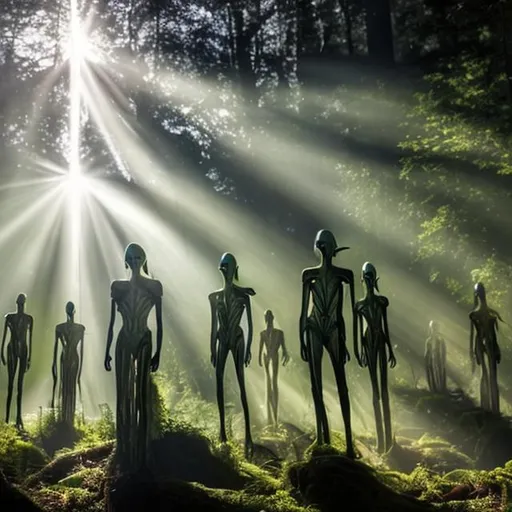 Prompt: Exotic extraterrestrial beings in the forest standing in a ray of light
