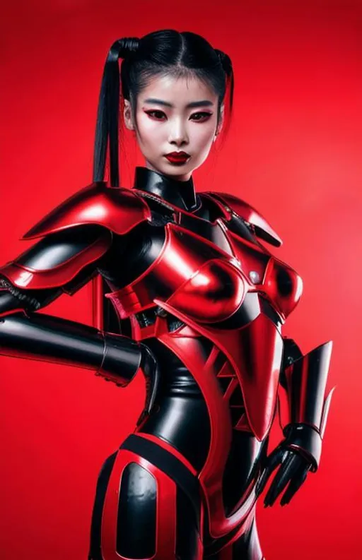 Prompt: beautiful oriental woman, sad, wearing futuristic red and black armor, using hair stuck, red lipstick, black and red futuristic neon background