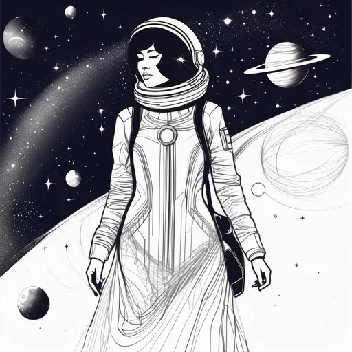 Prompt: a woman wearing outer space as a dress, sketch