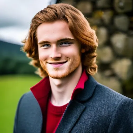 Prompt:  Young men, ginger  long hair and blue eyes
scotland landscape