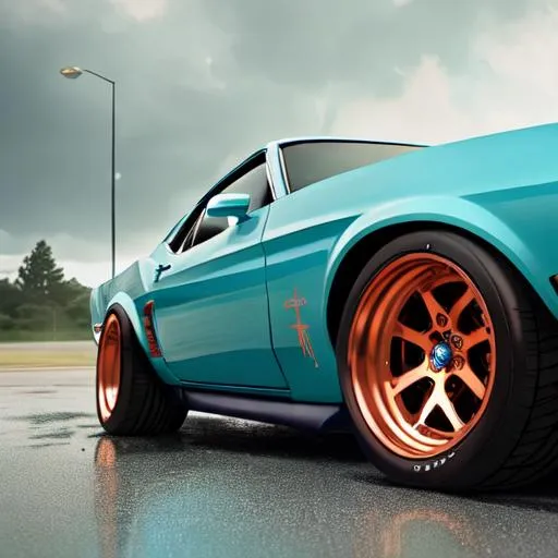 Prompt: Soft Cyan with copper accents, 1970 Ford Mustang with rocket bunny body kit, Hyper realism, outdoor and the weather is rainy, natural lighting, professional photos, tilt shift, symmetrical, sharp, clean edges, precise architect, round tires, photo realism, Copper rims, Cyan break pads, isometric view