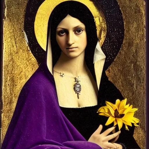 Prompt: black haired woman purple eyes, madonna, gold yellow dress, white lily, black cat, river, jungle, vermeer, medieval, botticelli, virgin mary, our lady of perpetual help