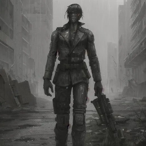 Prompt: Forgotten cyberpunk soldier on a war torn rainy battlefield.