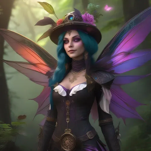 Prompt: ((Epic)). ((Cinematic)). Shes a colorful, Steam Punk, goth, witch.  ((distinct)) Winged fairy, with a skimpy, ((colorful)), gossamer, flowing outfit, standing in a forest by a village. ((Wide angle)),  Detailed Illustration. 4k, 8k.  Full body in shot. Hyper realistic painting. Photo real. A ((beautiful)), very shapely woman with ((anatomically real hands)), and ((vivid)) colorful, ((bright)) eyes. A ((distinct))  Halloween night. Concept style art. 