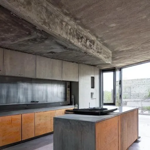 Prompt: brutalist architecture kitchen with an Island. with lots of natural light